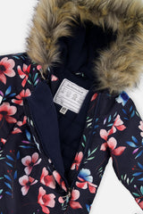 Deux par Deux baby girls' car-seat one-piece snowsuit in blue floral print, additional angle