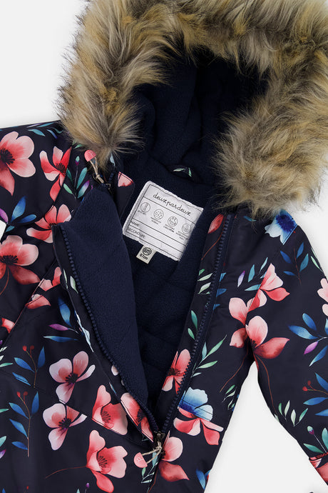 Deux par Deux baby girls' car-seat one-piece snowsuit in blue floral print, additional angle