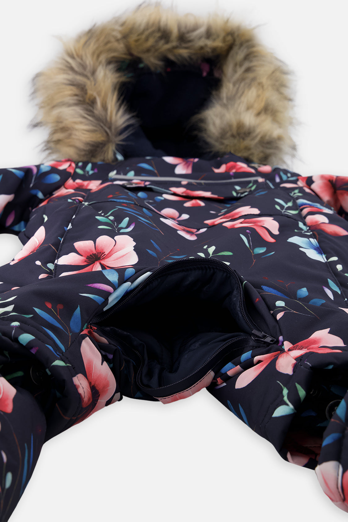Deux par Deux baby girls' car-seat one-piece snowsuit in blue floral print, another studio view