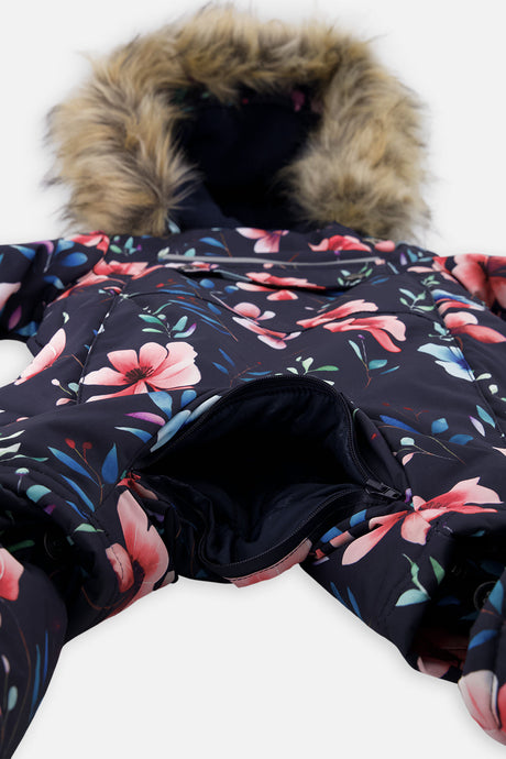 Deux par Deux baby girls' car-seat one-piece snowsuit in blue floral print, another studio view