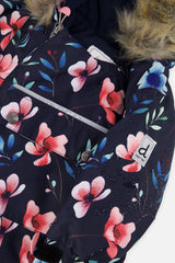 Deux par Deux baby girls' car-seat one-piece snowsuit in blue floral print, further studio view