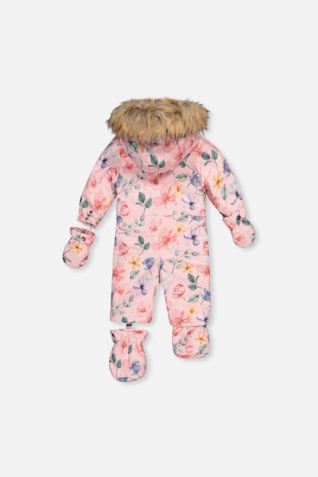 Deux par Deux baby girl one-piece car seat snowsuit in pink floral print, view 7