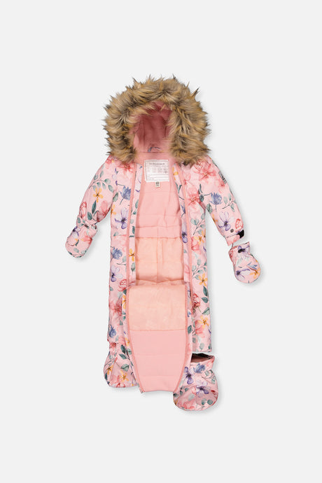 Deux par Deux baby girl one-piece car seat snowsuit in pink floral print, view 8