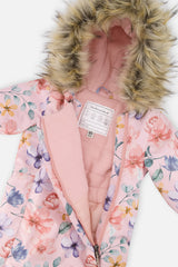 Close-up of the faux-fur trimmed hood and fleece-lined chest of the pink floral print snowsuit