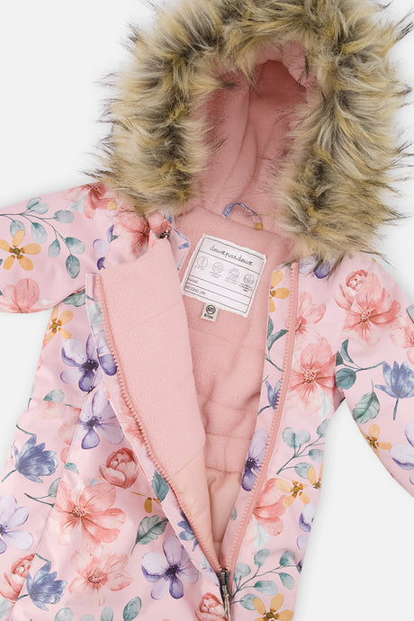 Deux par Deux baby girl one-piece car seat snowsuit in pink floral print, view 9
