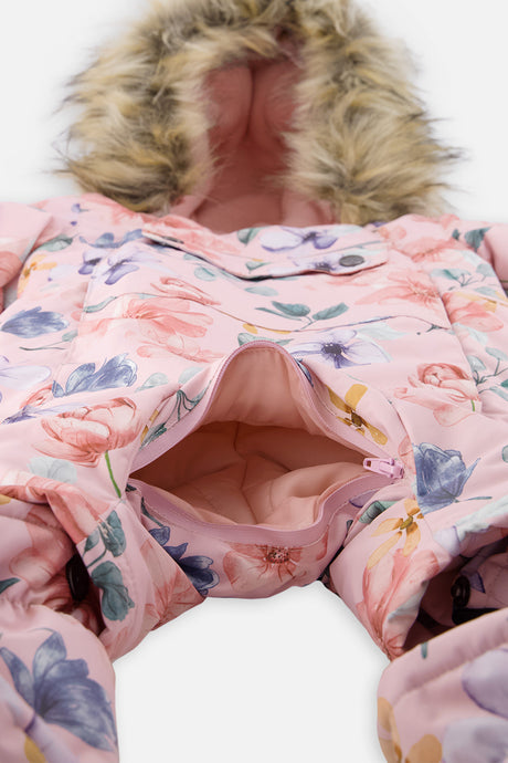 Deux par Deux baby girl one-piece car seat snowsuit in pink floral print, view 10