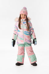 Child wearing the multicolor line print Deux par Deux PLAY snowsuit, full-length front view
