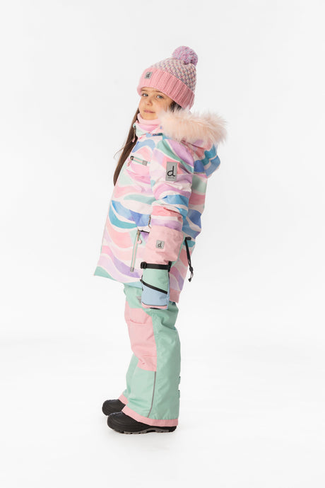 Child wearing the Deux par Deux PLAY snowsuit in multicolored line print, lookbook view 2