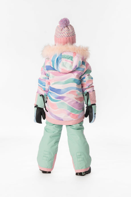 Child wearing the Deux par Deux PLAY snowsuit in multicolored line print, lookbook view 3