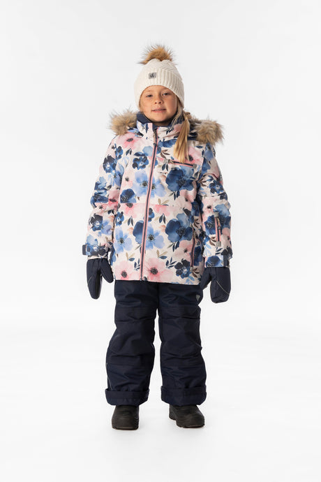 Child wearing the Deux par Deux PLAY snowsuit in watercolor flower print, lookbook view 1