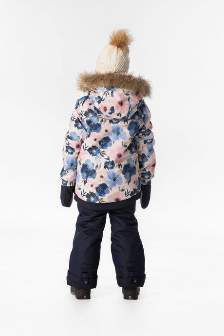 Child wearing the Deux par Deux PLAY snowsuit in watercolor flower print, lookbook view 3
