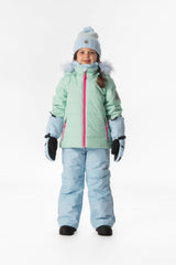 Child wearing the mint green Deux par Deux PLAY snowsuit, lookbook view 1