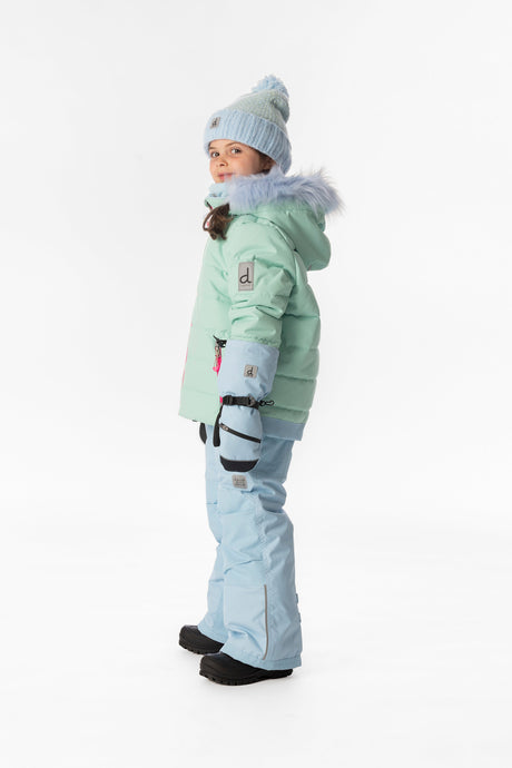 Child wearing the mint green Deux par Deux PLAY snowsuit, lookbook view 2