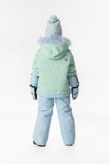 Child wearing the mint green Deux par Deux PLAY snowsuit, lookbook view 3