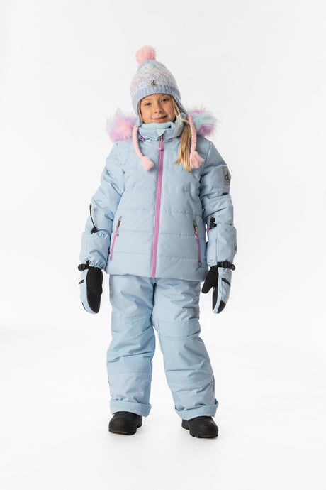 Child wearing the light blue Deux par Deux PLAY snowsuit, lookbook view 1