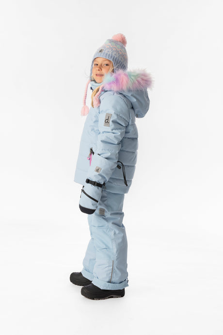 Child wearing the light blue Deux par Deux PLAY snowsuit, lookbook view 2