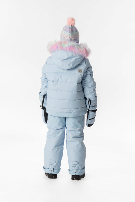 Child wearing the light blue Deux par Deux PLAY snowsuit, lookbook view 3