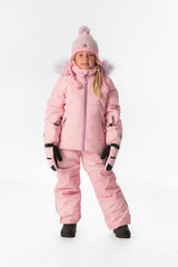 Child wearing the light pink Deux par Deux PLAY snowsuit, lookbook view 1