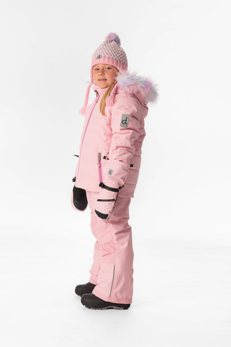 Child wearing the light pink Deux par Deux PLAY snowsuit, lookbook view 2