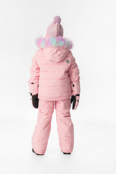 Child wearing the light pink Deux par Deux PLAY snowsuit, lookbook view 3