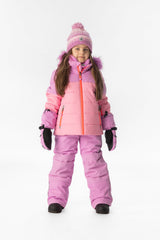 Child wearing the pinkish violet Deux par Deux PLAY snowsuit, lookbook view 1