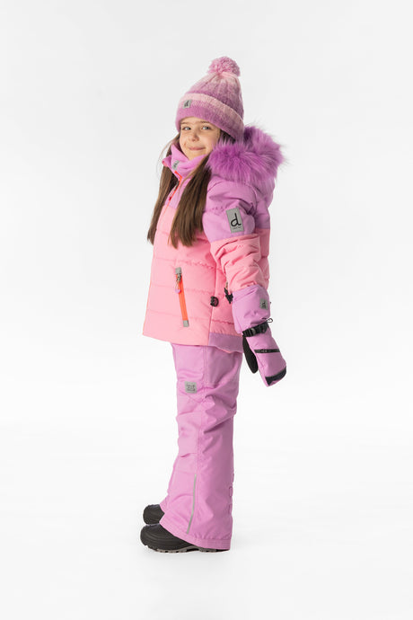 Child wearing the pinkish violet Deux par Deux PLAY snowsuit, lookbook view 2