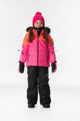 Child wearing the bright pink Deux par Deux PLAY snowsuit, lookbook view 1
