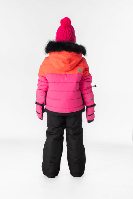 Child wearing the bright pink Deux par Deux PLAY snowsuit, lookbook view 3