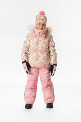 Child wearing the Deux par Deux PLAY snowsuit in pink mini flower print, lookbook view 1