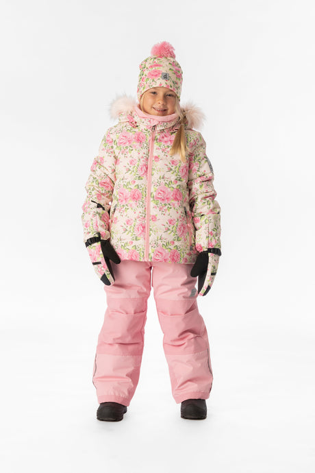 Child wearing the Deux par Deux PLAY snowsuit in pink mini flower print, lookbook view 1