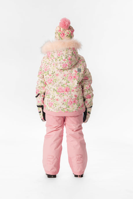 Child wearing the Deux par Deux PLAY snowsuit in pink mini flower print, lookbook view 3