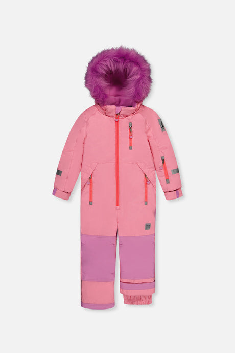Deux par Deux girls' PLAY one-piece snowsuit in pink – front view