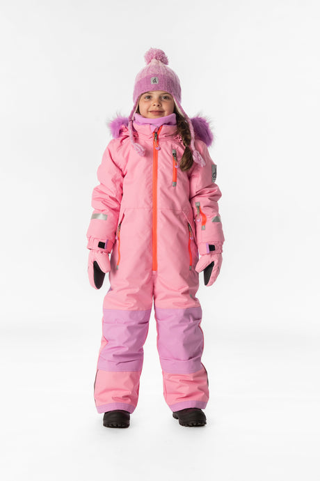 Deux par Deux girls' PLAY one-piece snowsuit in pink – worn by a model