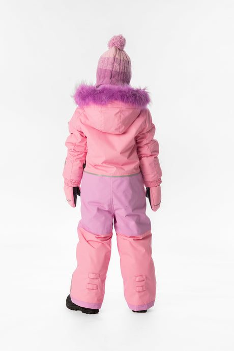 Deux par Deux girls' PLAY one-piece snowsuit in pink – worn by a model, view 3