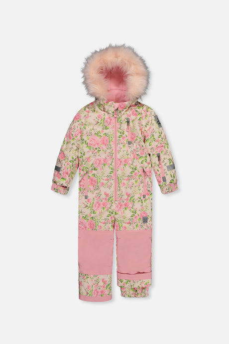 Deux par Deux girls' PLAY one-piece snowsuit in beige vintage rose print – front view