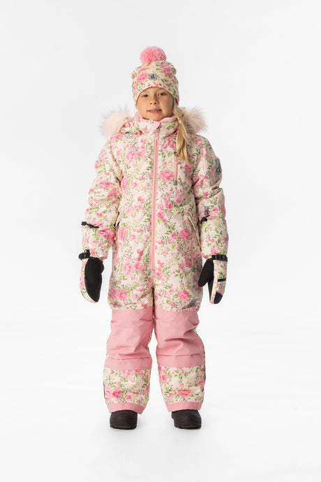 Deux par Deux girls' PLAY one-piece snowsuit in beige vintage rose print – worn by a model