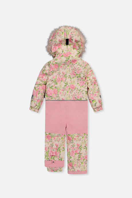 Deux par Deux girls' PLAY one-piece snowsuit in beige vintage rose print – back view