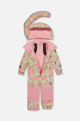 Beige vintage rose print PLAY one-piece snowsuit unzipped with the faux-fur hood detached, showing the lining