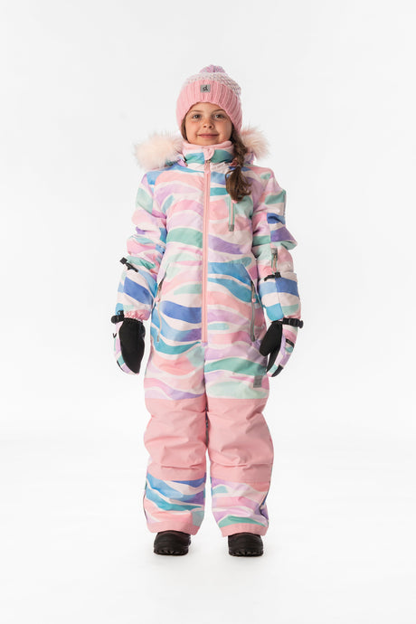 Deux par Deux girls' PLAY one-piece snowsuit in multicolor line print – worn by child model, photo 1