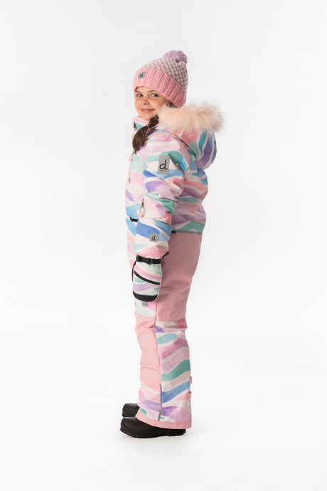 Deux par Deux girls' PLAY one-piece snowsuit in multicolor line print – worn by child model, photo 2