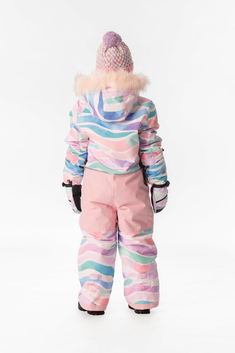 Deux par Deux girls' PLAY one-piece snowsuit in multicolor line print – worn by child model, photo 3