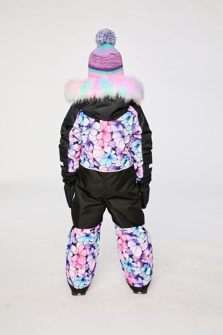Child wearing the purple floral Deux par Deux snowsuit, lookbook image