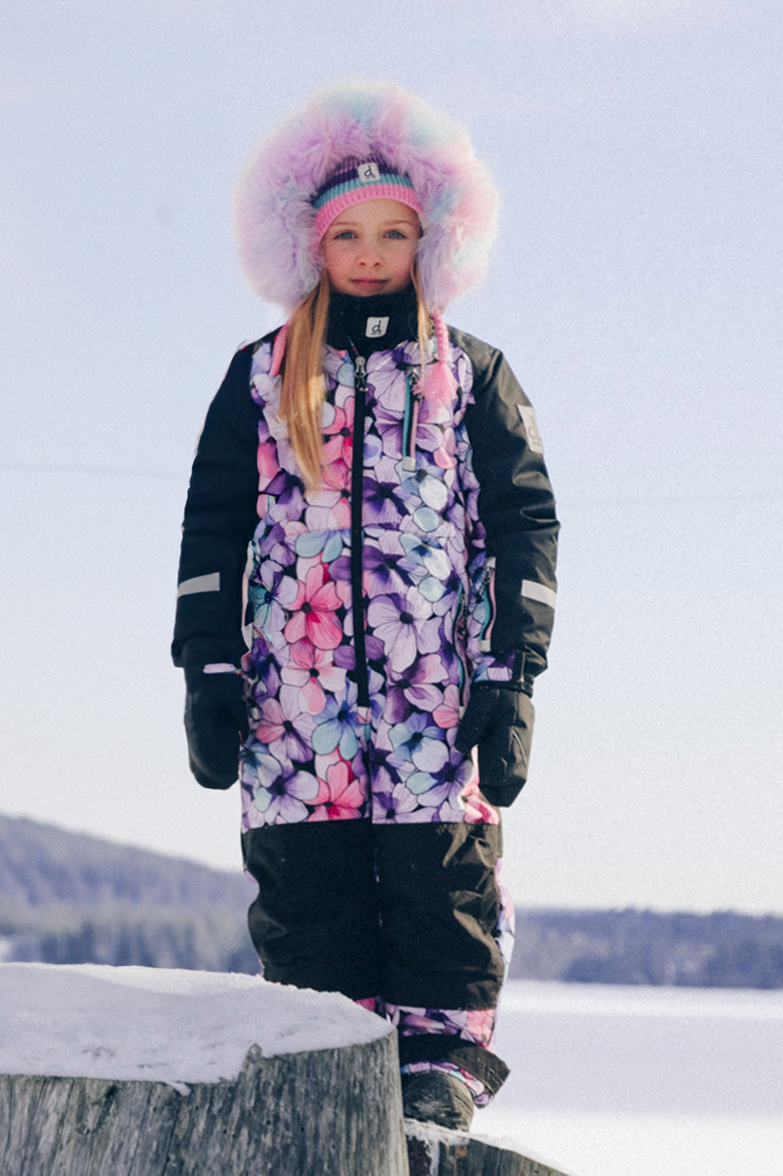 Kids One Piece Play Snowsuit Purple Floral Print-1