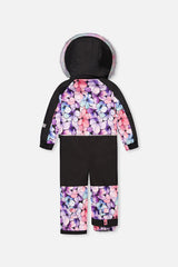 Deux par Deux girls' PLAY one-piece snowsuit, purple floral print, back view