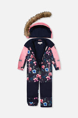 Deux par Deux girls' PLAY one-piece snowsuit, blue floral print, alternate view