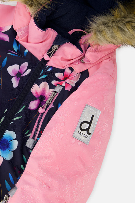 Deux par Deux girls' PLAY one-piece snowsuit, blue floral print, additional angle