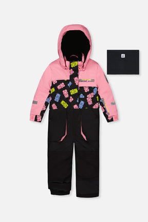 Kids One Piece Play Snowsuit Pink And Black Gummy Bear Print-0