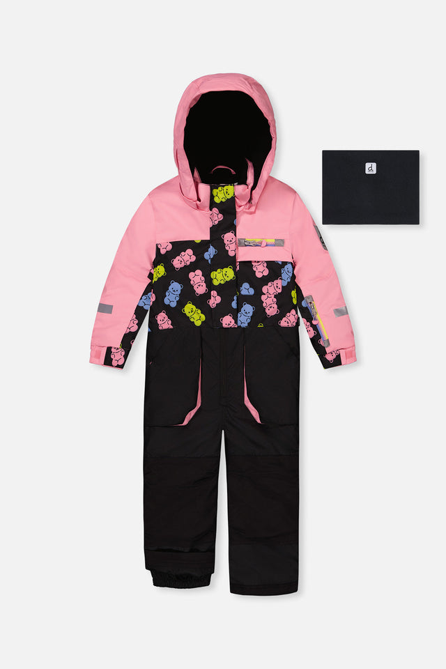 Kids One Piece Play Snowsuit Pink And Black Gummy Bear Print-0