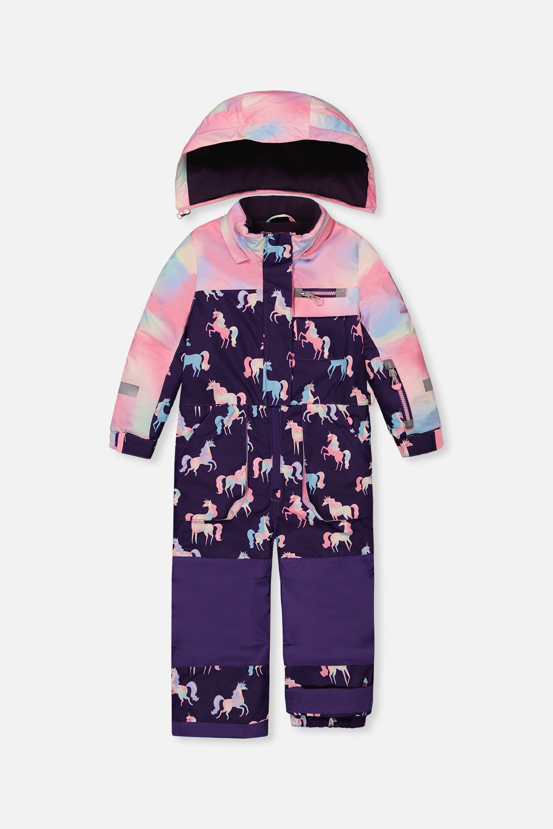 Deux par Deux girls' PLAY one-piece snowsuit, purple unicorn print, alternate view
