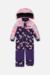 Deux par Deux girls' PLAY one-piece snowsuit, purple unicorn print, alternate view